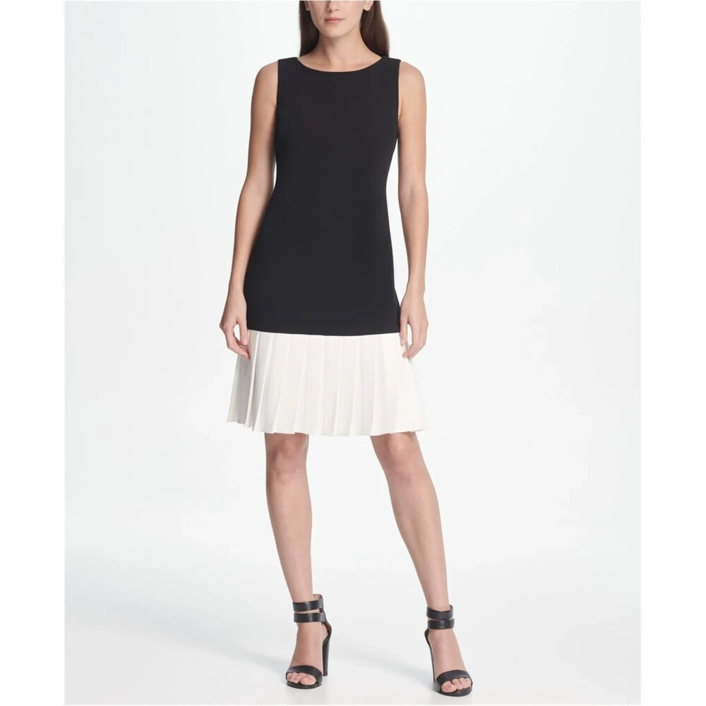 DKNY Womens 8 Sleeveless Colorblock Sheath Dress Black White Pleated Hem